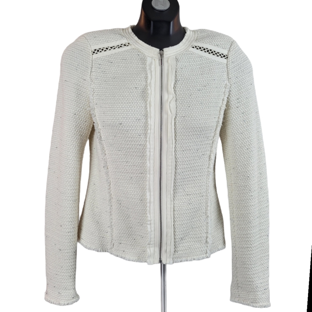 REBECCA TAYLOR Ivory Zip Up Fringe Blazer Jacket Size 2